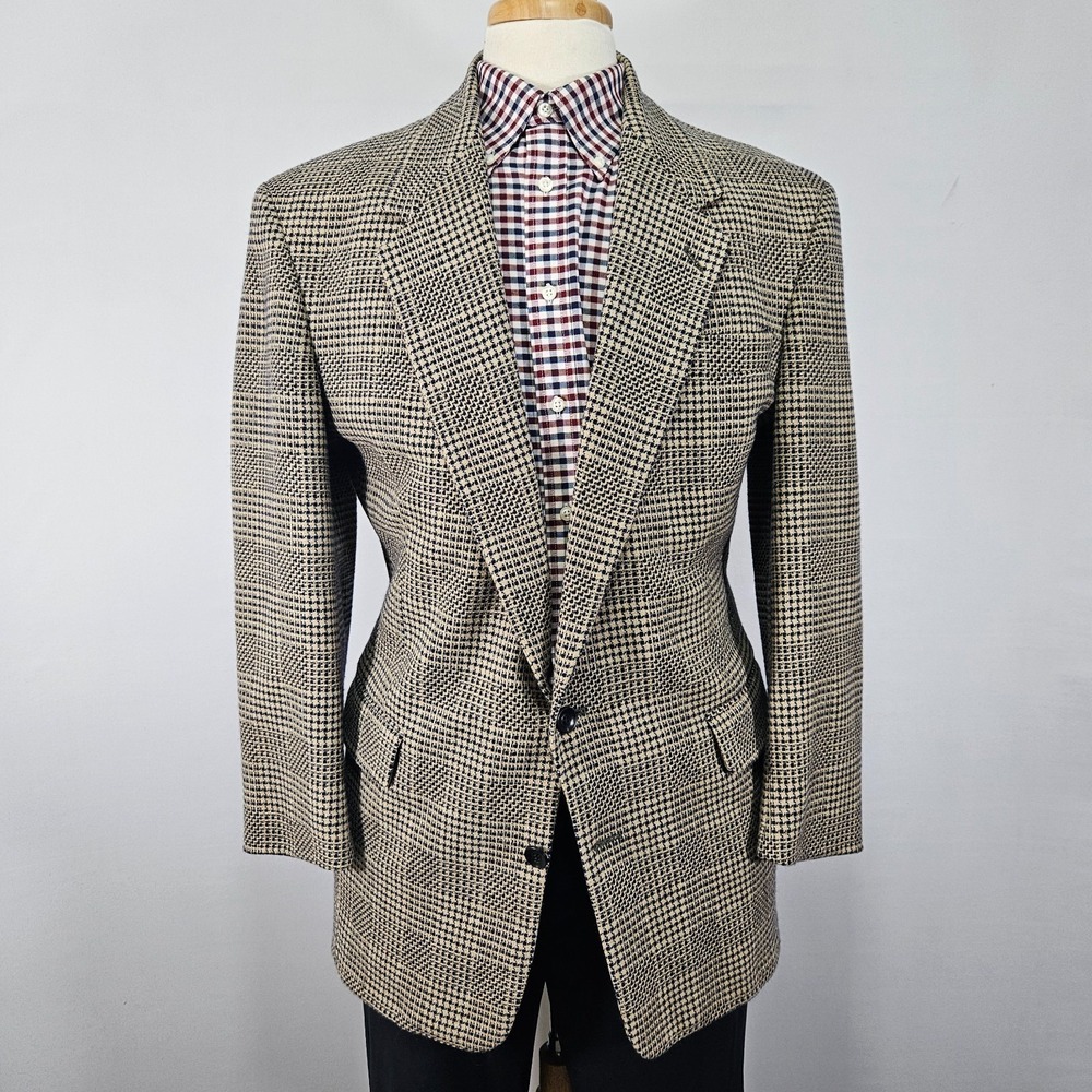 VTG Men's Sport Coat Blazer Two Button Beige Plaid Wool Size about 42S